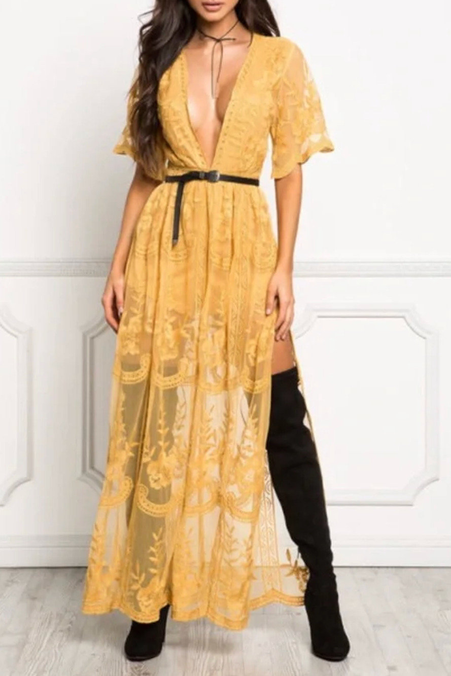 NEW Honey Punch Sheer Lace Maxi Dress M Marigold Floral Embroidered NWT